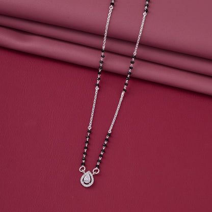 Elegant Silver-Tone Mangalsutra with Black Beads and Teardrop Crystal Halo Pendant