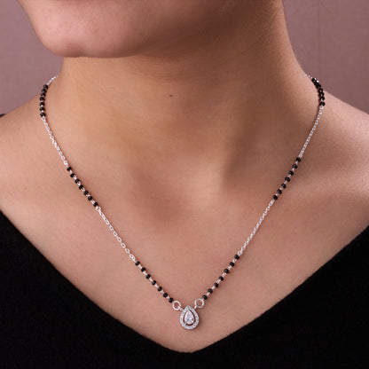 Elegant Silver-Tone Mangalsutra with Black Beads and Teardrop Crystal Halo Pendant