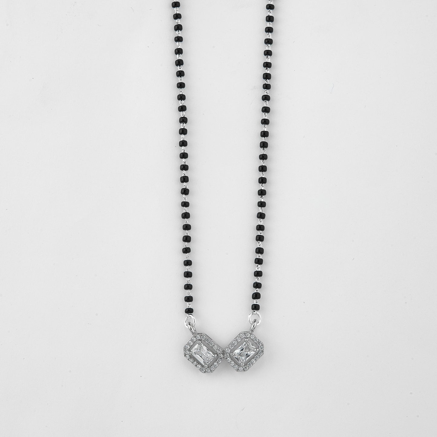 elegant silver-tone double square crystal mangalsutra with black beaded chain