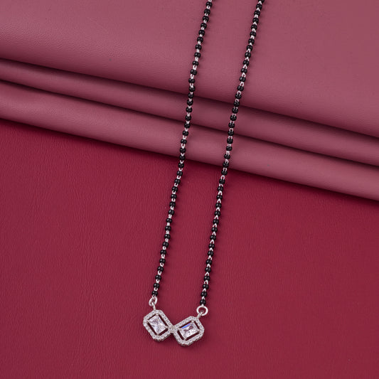 Elegant Silver-Tone Double Square Crystal Mangalsutra with Black Beaded Chain