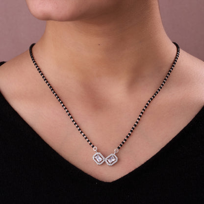 Elegant Silver-Tone Double Square Crystal Mangalsutra with Black Beaded Chain