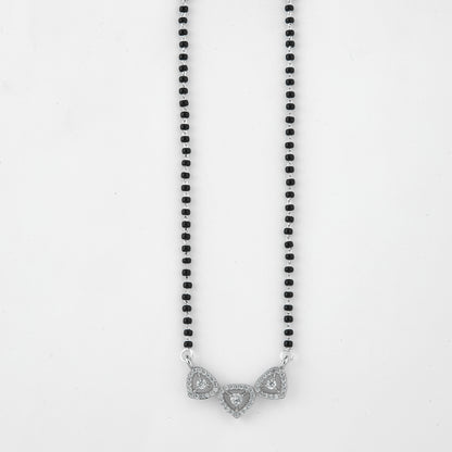 Elegant Silver-Tone Triple Heart Crystal Mangalsutra with Black Beaded Chain