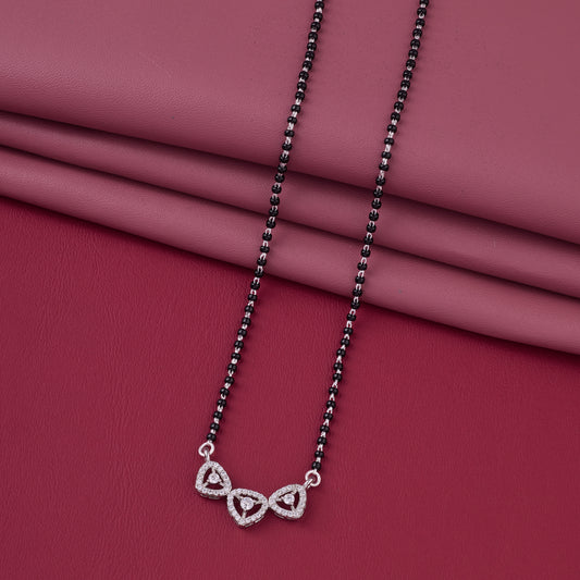 Elegant Silver-Tone Triple Heart Crystal Mangalsutra with Black Beaded Chain