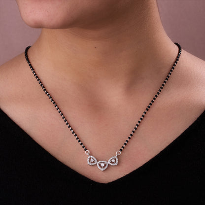 Elegant Silver-Tone Triple Heart Crystal Mangalsutra with Black Beaded Chain