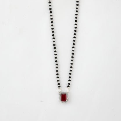 Elegant Silver-Tone Rectangular Ruby Crystal Mangalsutra with Black Beaded Chain
