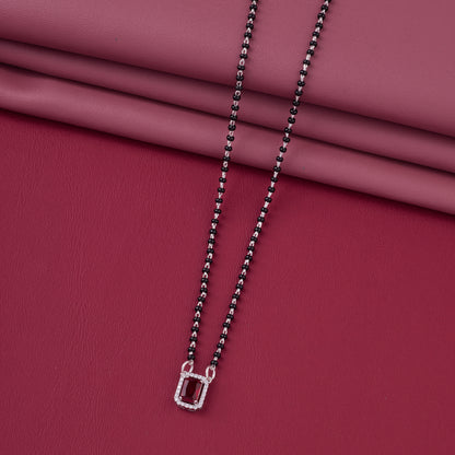 Elegant Silver-Tone Rectangular Ruby Crystal Mangalsutra with Black Beaded Chain