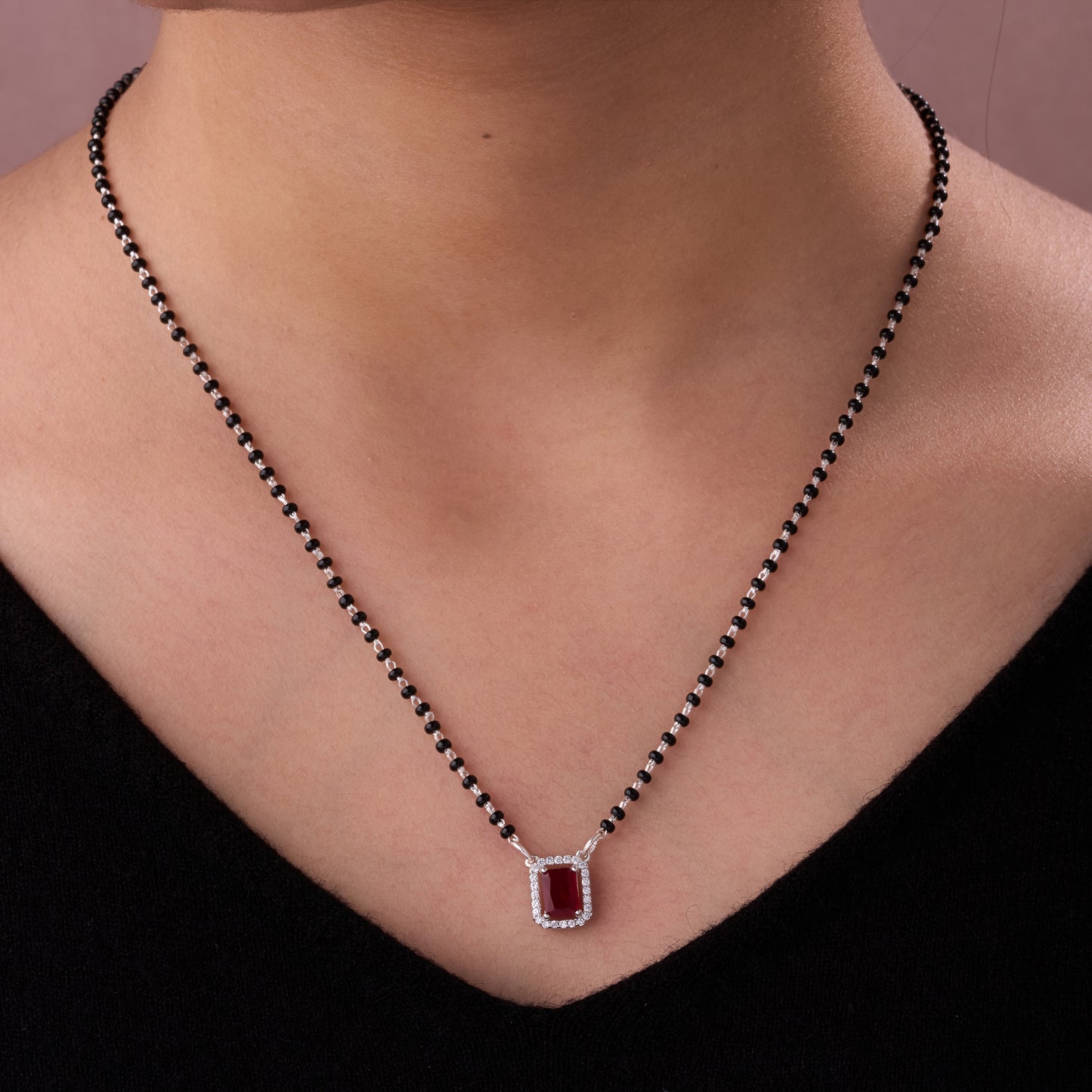 elegant silver-tone rectangular ruby crystal mangalsutra with black beaded chain