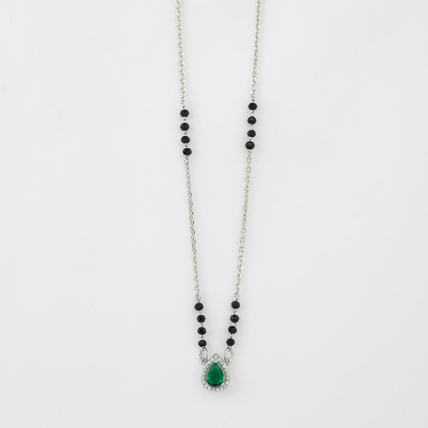 elegant silver-tone teardrop green crystal mangalsutra with black beaded chain