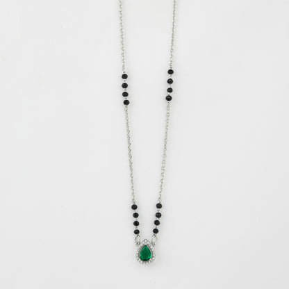 Elegant Silver-Tone Teardrop Green Crystal Mangalsutra with Black Beaded Chain