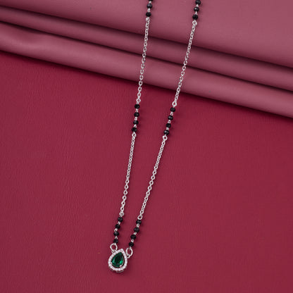 Elegant Silver-Tone Teardrop Green Crystal Mangalsutra with Black Beaded Chain