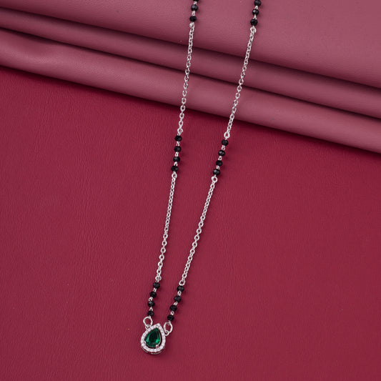 Elegant Silver-Tone Teardrop Green Crystal Mangalsutra with Black Beaded Chain