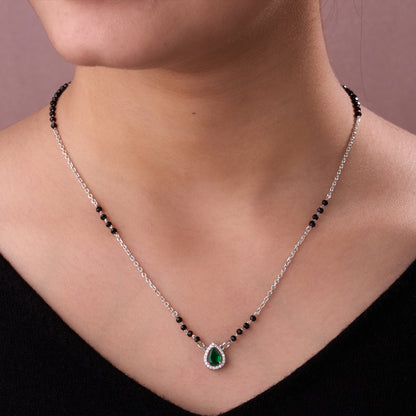 Elegant Silver-Tone Teardrop Green Crystal Mangalsutra with Black Beaded Chain