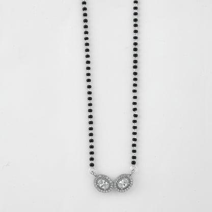 Elegant Silver-Tone Dual Oval Crystal Mangalsutra with Black Beaded Chain