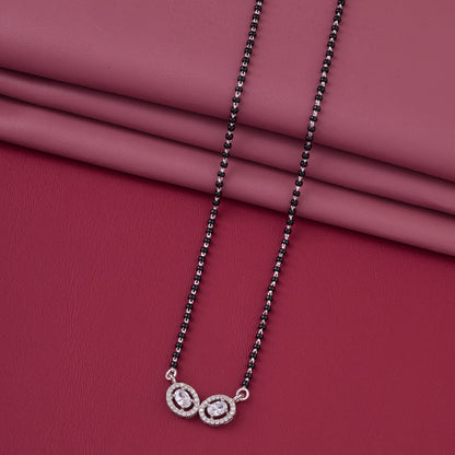 Elegant Silver-Tone Dual Oval Crystal Mangalsutra with Black Beaded Chain
