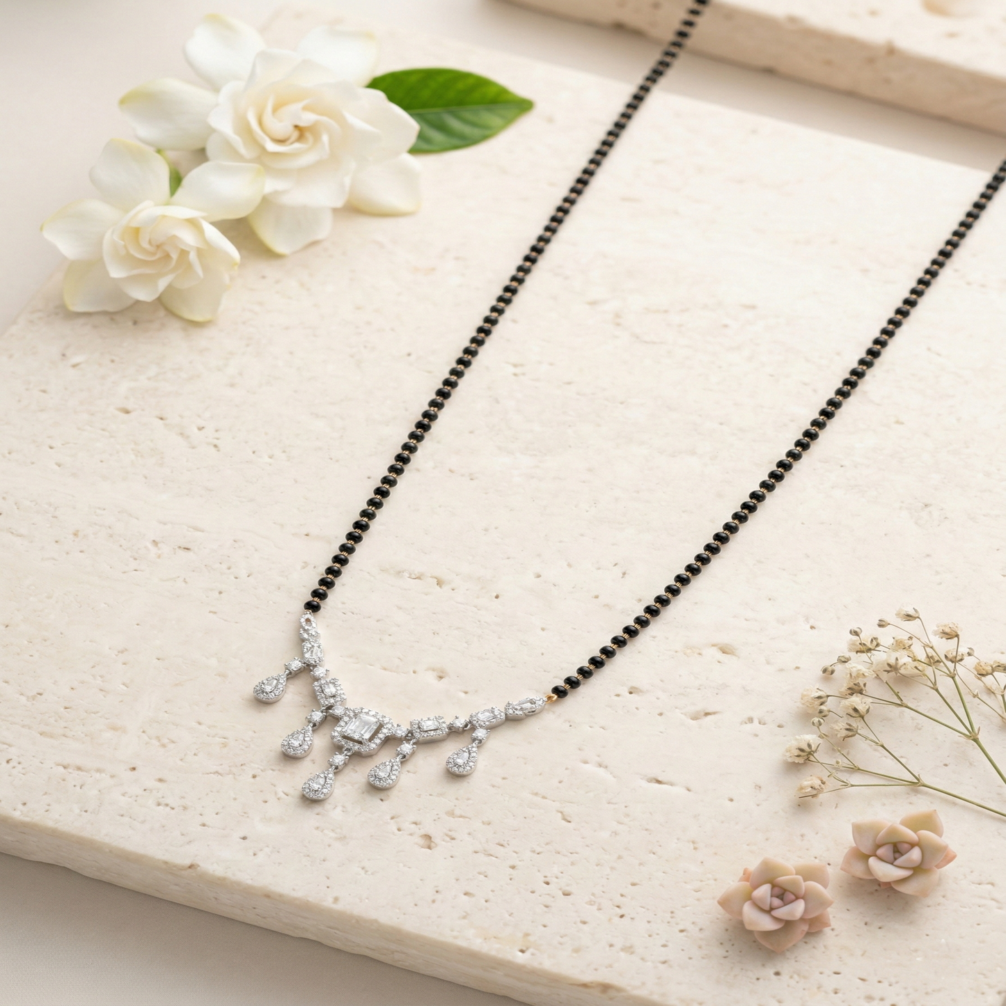 elegant silver-tone baguette & teardrop crystal mangalsutra with black beaded chain