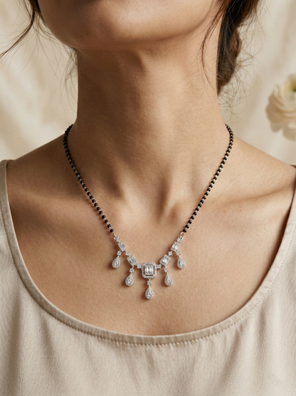 Elegant Silver-Tone Baguette & Teardrop Crystal Mangalsutra with Black Beaded Chain