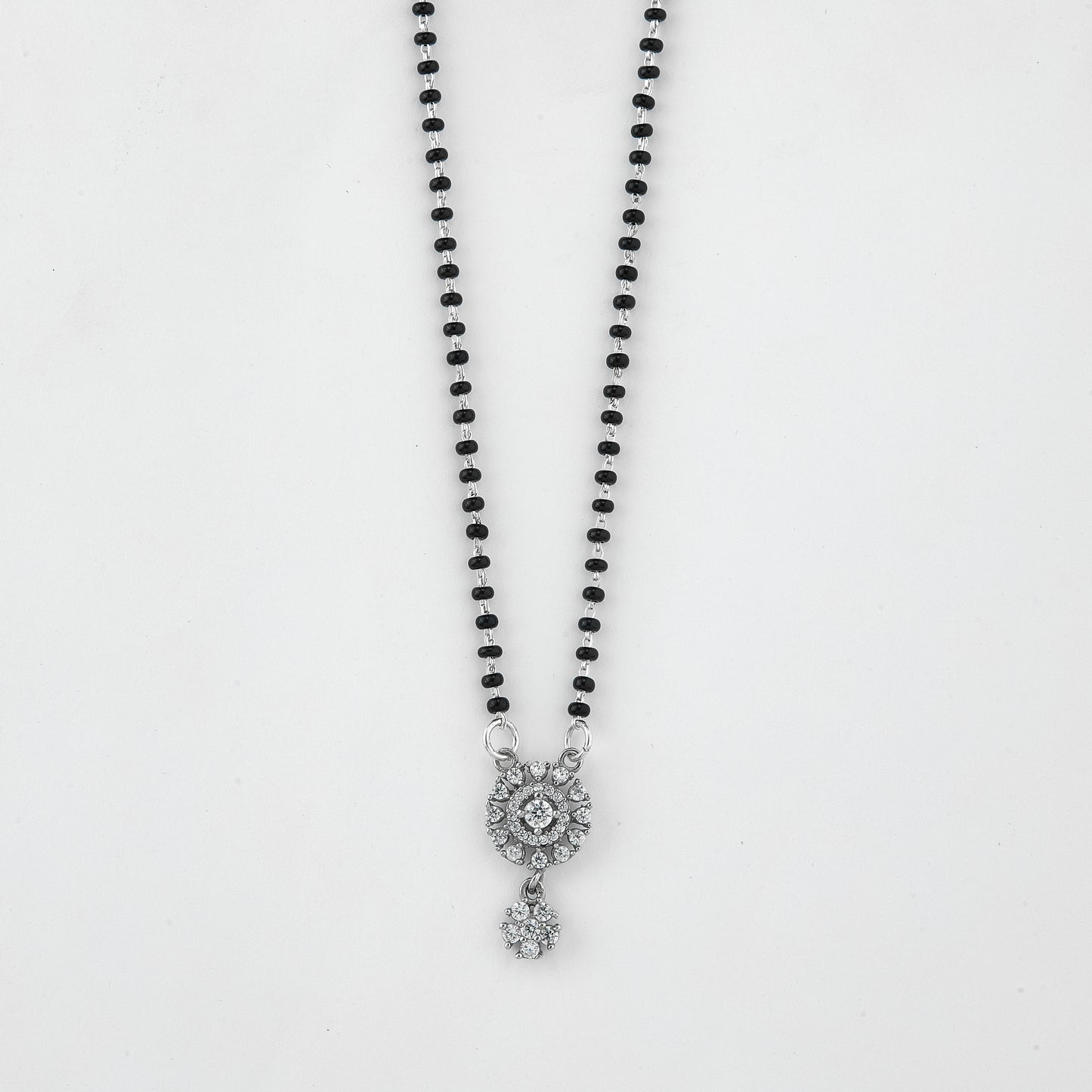 classic black beaded mangalsutra with round halo crystal pendant