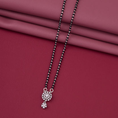 Classic Black Beaded Mangalsutra with Round Halo Crystal Pendant