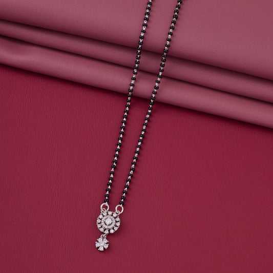 Classic Black Beaded Mangalsutra with Round Halo Crystal Pendant