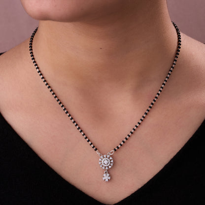 Classic Black Beaded Mangalsutra with Round Halo Crystal Pendant