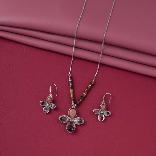 Elegant Floral Pendant & Earrings Set in Pure 92.5 Sterling Silver with Beaded Chain