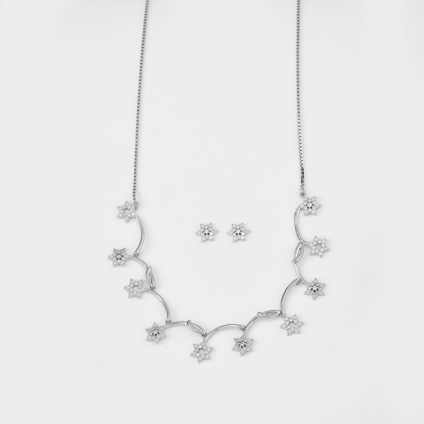 celestial star charm necklace & stud earrings set in pure 92.5 sterling silver