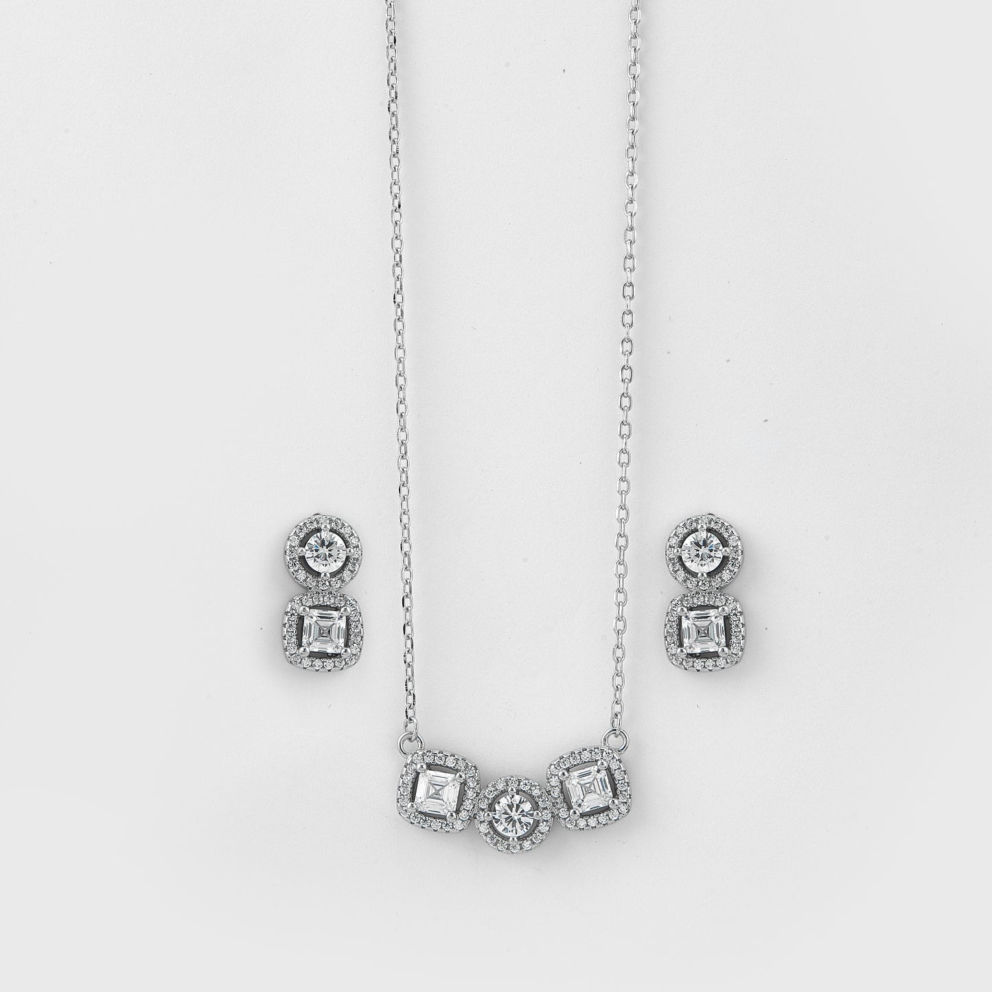 elegant triple halo pendant & earrings set in pure 92.5 sterling silver