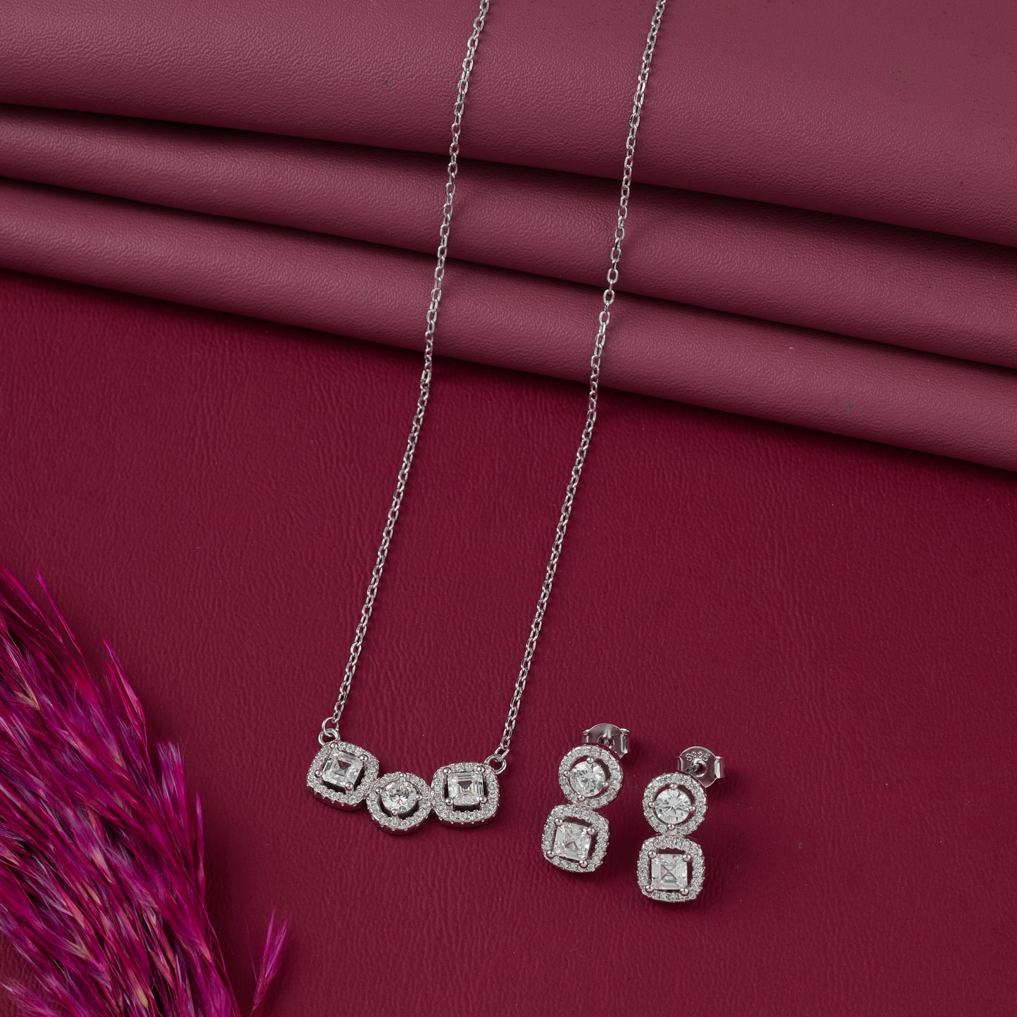 elegant triple halo pendant & earrings set in pure 92.5 sterling silver
