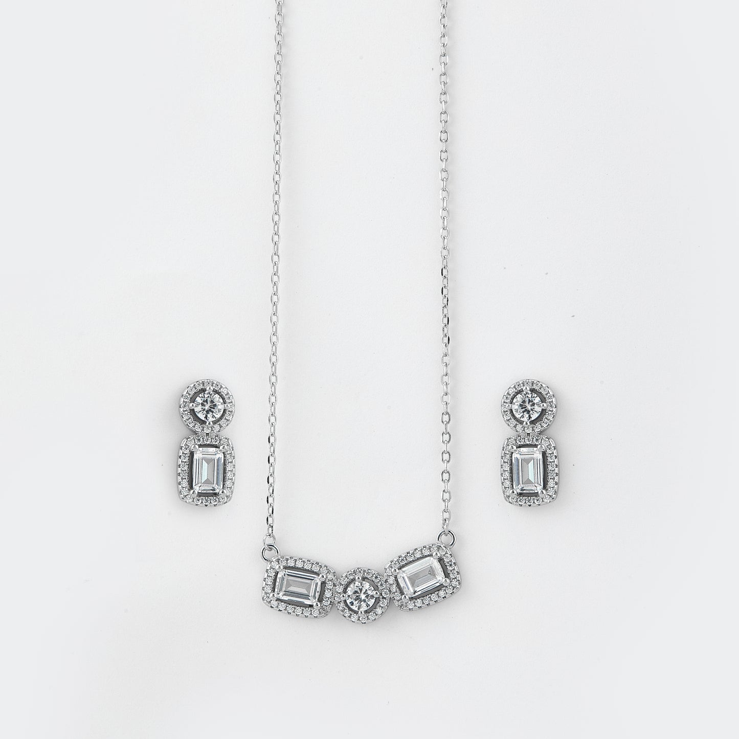 elegant baguette & round halo pendant necklace set in pure 92.5 sterling silver