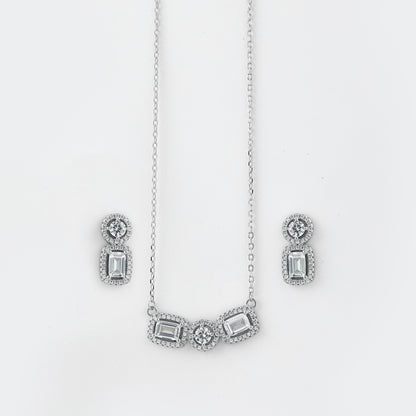 Elegant Baguette & Round Halo Pendant Necklace Set in Pure 92.5 Sterling Silver