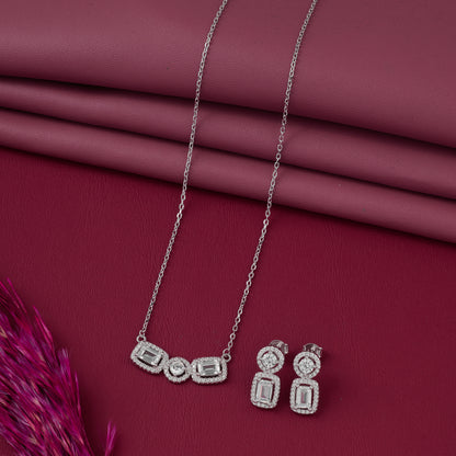 Elegant Baguette & Round Halo Pendant Necklace Set in Pure 92.5 Sterling Silver