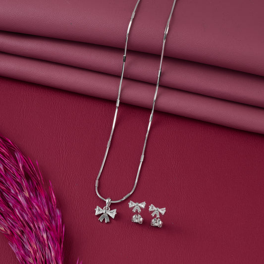 Charming Bow Design CZ Pendant with Matching Stud Earrings (Pendant Set Only – Chain Not Included)