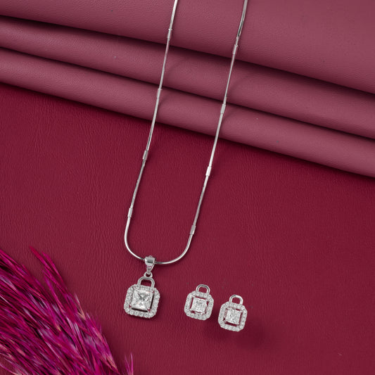 Elegant Square CZ Halo Pendant with Matching Earrings Set (Pendant & Earrings Only – Chain Not Included)