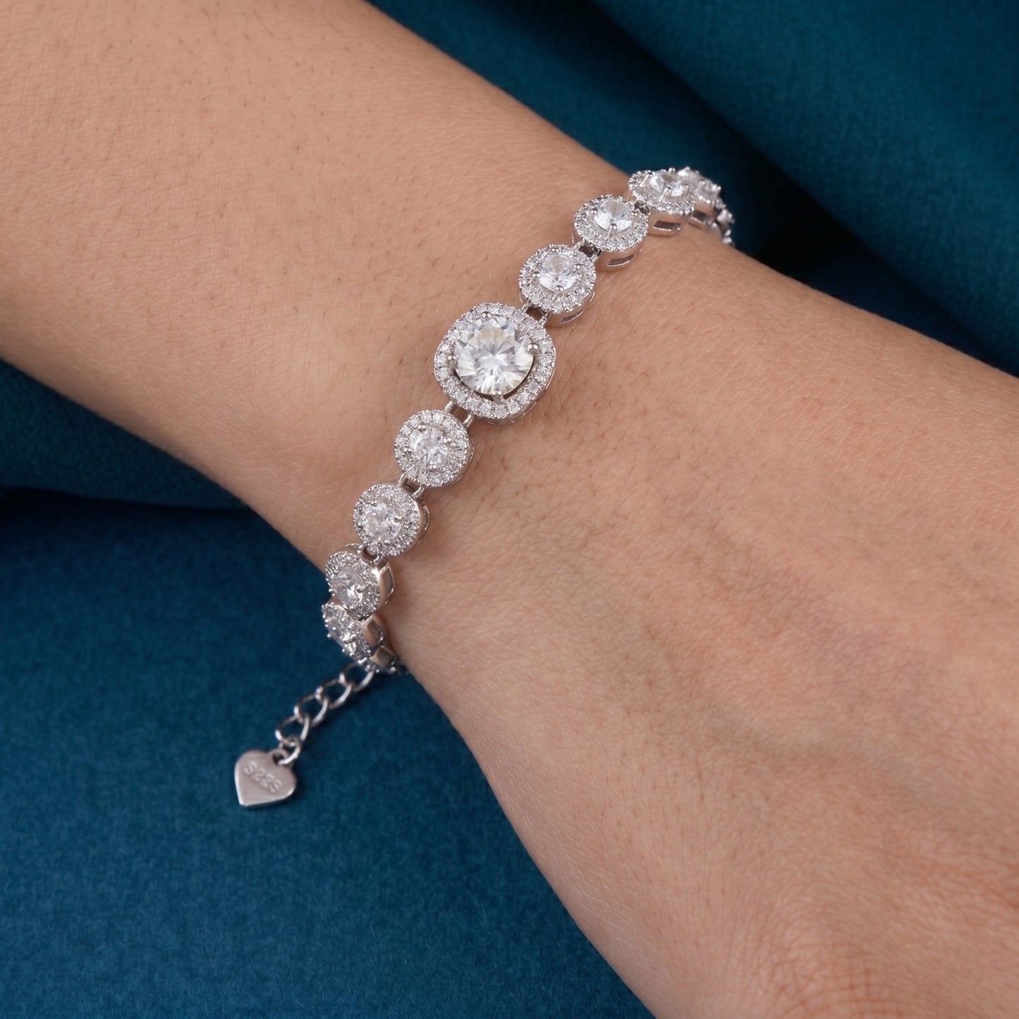 elegant halo gra-certified moissanite diamond bracelet in pure 92.5 sterling silver – adjustable fit
