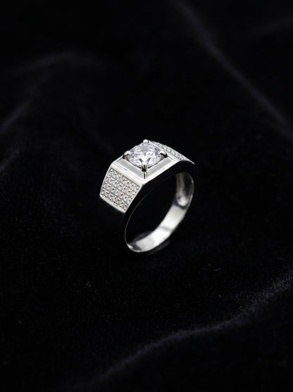 Gra-Certified Moissanite Solitaire Pavé-Accented Signet Ring