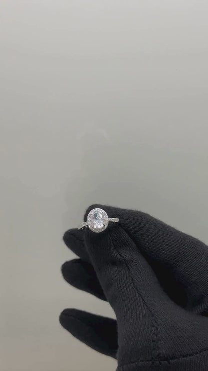 Elegant Oval Halo Solitaire Ring in Pure 92.5 Sterling Silver with Baguette Accent Frame – Adjustable Size