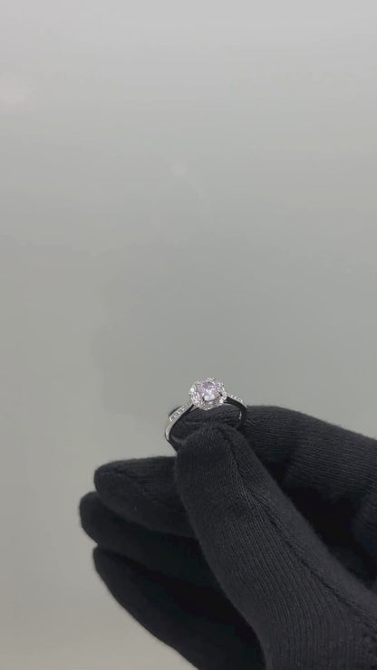 Elegant Floral Halo Solitaire Ring in Pure 92.5 Sterling Silver with Sparkling Pavé Band – Adjustable Size