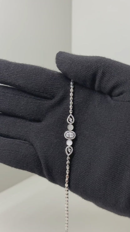 Silver Beaded Bracelet with Crystal Oval Accents in Pure 92.5 Sterling Silver