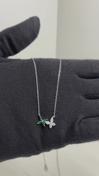 Delicate Dual Butterfly Green & White CZ Pendant Necklace in 92.5 Sterling Silver